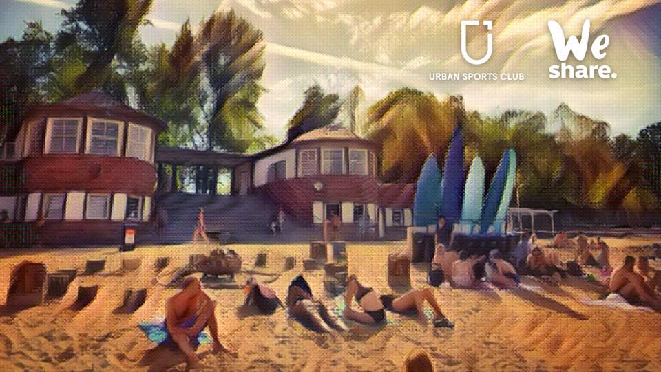 Digitally edited image of a sandy beach with people and surfboards, a sporty location for extraordinary places to celebrate birthdays in Berlin.