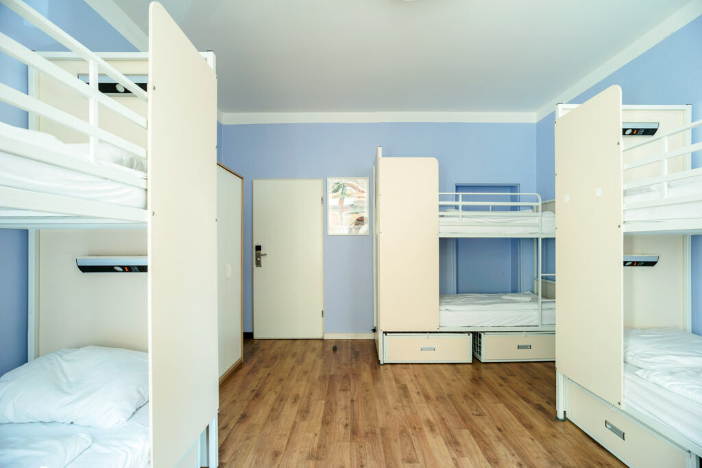 Shared room in the EastSeven Hostel Berlin accommodation, ideal for travellers and backpackers, with modern bunk beds.
